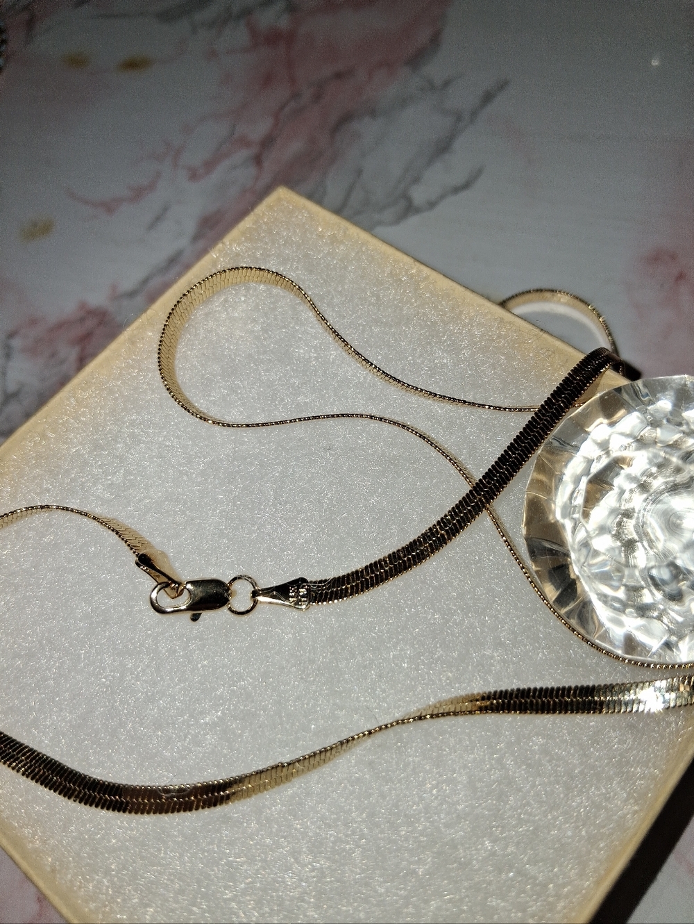 14kt stamped gold Bonded chain herringbone necklace 24 inch length feminine - Picture 2 of 4